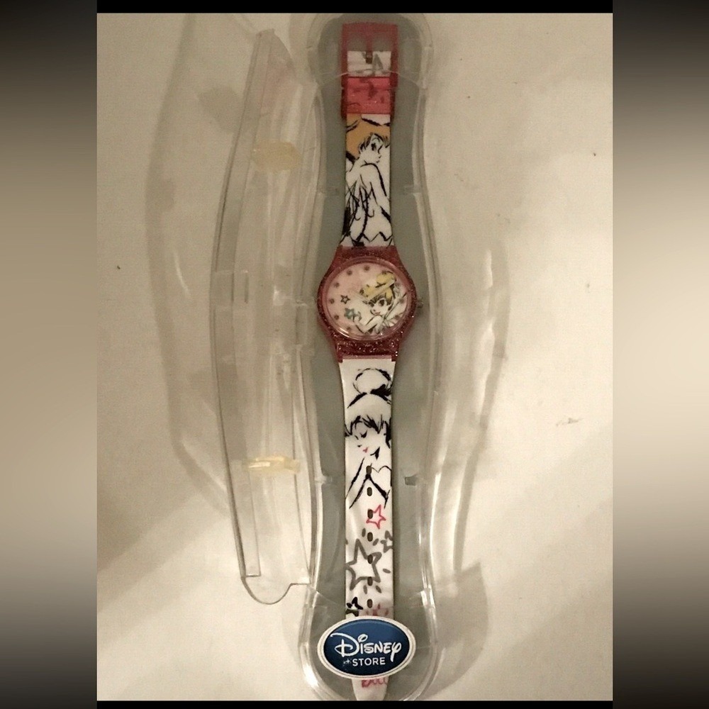 Disney Store Tinker Bell Watch Pink Glitter Case Sketch Art Strap New in Box